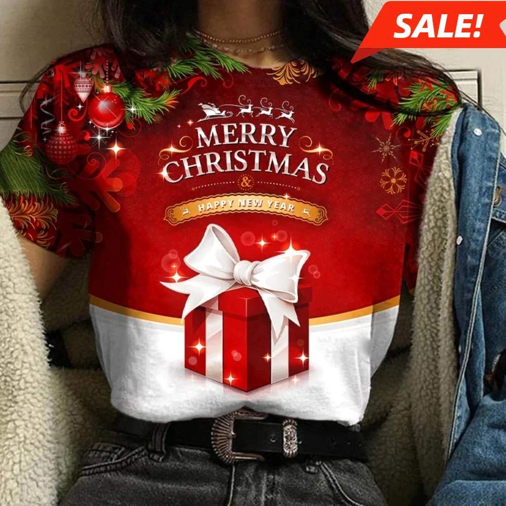 

Women Christmas T Shirt 3d Crew Neck Girls Short Sleeve Tops Korea Fashion Ladies Xmas T-shirts Oversized Womens Clothing Y2K