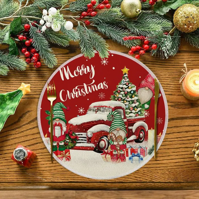 Red Background Retro Red Truck Dwarf Doll Round Christmas Placemat, Wear-Resistant Plate Mat for Home Table Decor