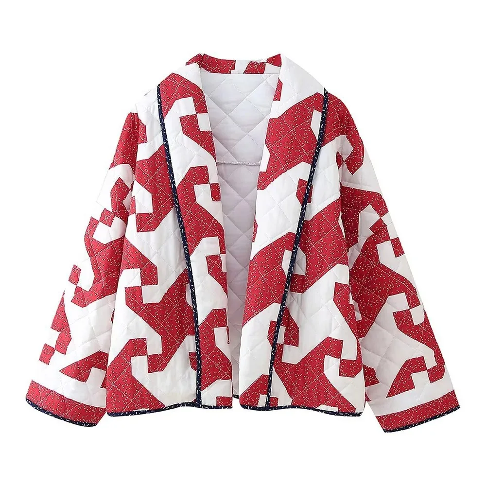 Veste de coton épaissie pour femmes Veste de coton décontractée à revers imprimé Cardigan de style bohème Veste de coton ample pour femmes
