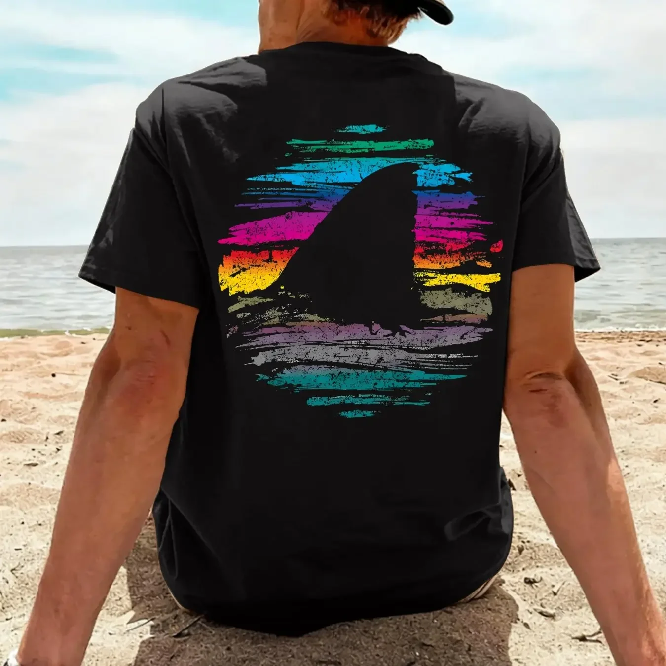 Men's Cotton Retro Shark Fin Surfing T-Shirt with Rainbow Sunset Ocean Beach Surfer Pattern Tropical Coast Summer Vacation Top