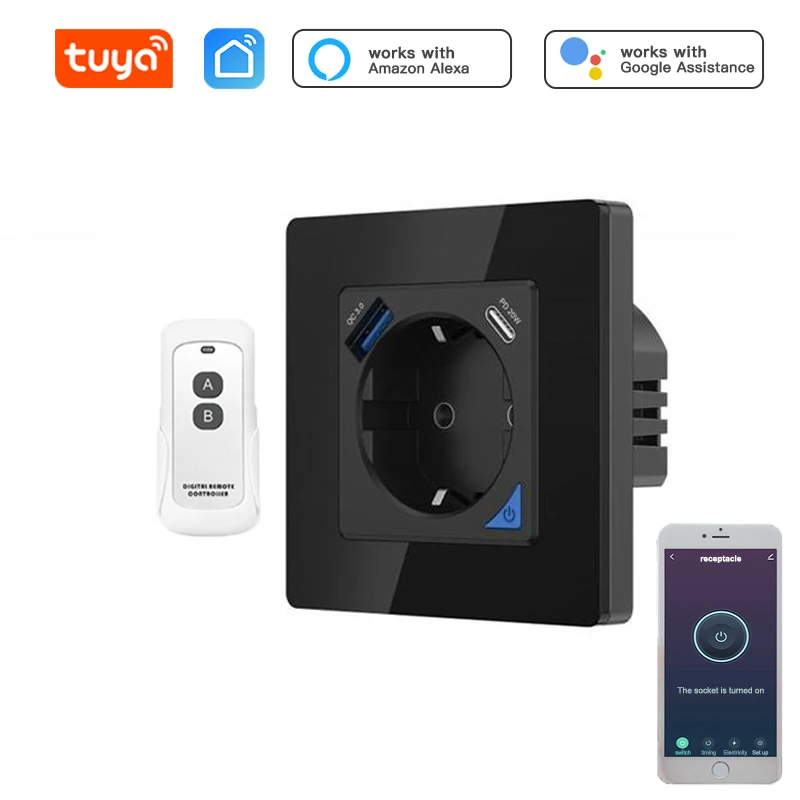 Tuya WiFi Wall Socket Type C Port Multi-interface 20W Fast Charge Smart Plug Timer Schedule Alexa Google Home Voice Control