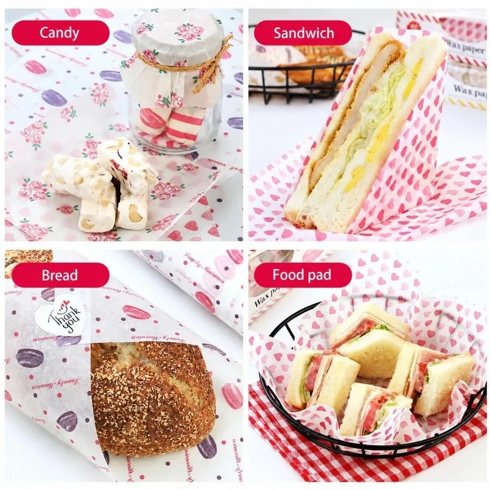 50Pcs Disposable Wax Paper Food Grade Anti-stick Food Wrapping Paper Rose/Heart/Macaron Print Water Proof