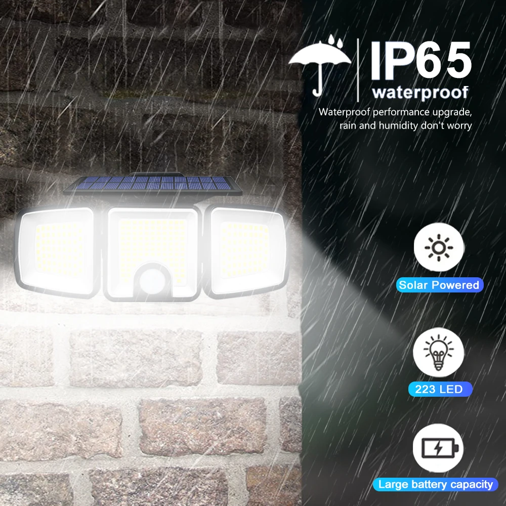 3 Heads Solar Motion Sensor Lights 236/223LED Solar Security Flood Lights Waterproof 3 Modes Wall Light Garden Yard Patio Pathwa
