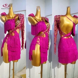 Latin Dance Dress High-end Custom Rose Red Strap Tassel Floral Dress Samba Tango Women's Adult Stage Costume