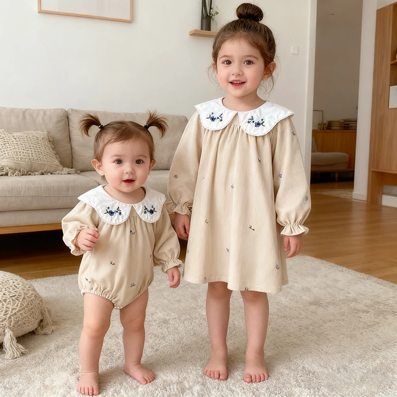 

Осенняя одежда для маленьких девочек с длинными рукавами, детское платье с воротником, весенние комбинезоны для новорожденных, одежда с вышивкой для маленьких девочек, комбинезоны