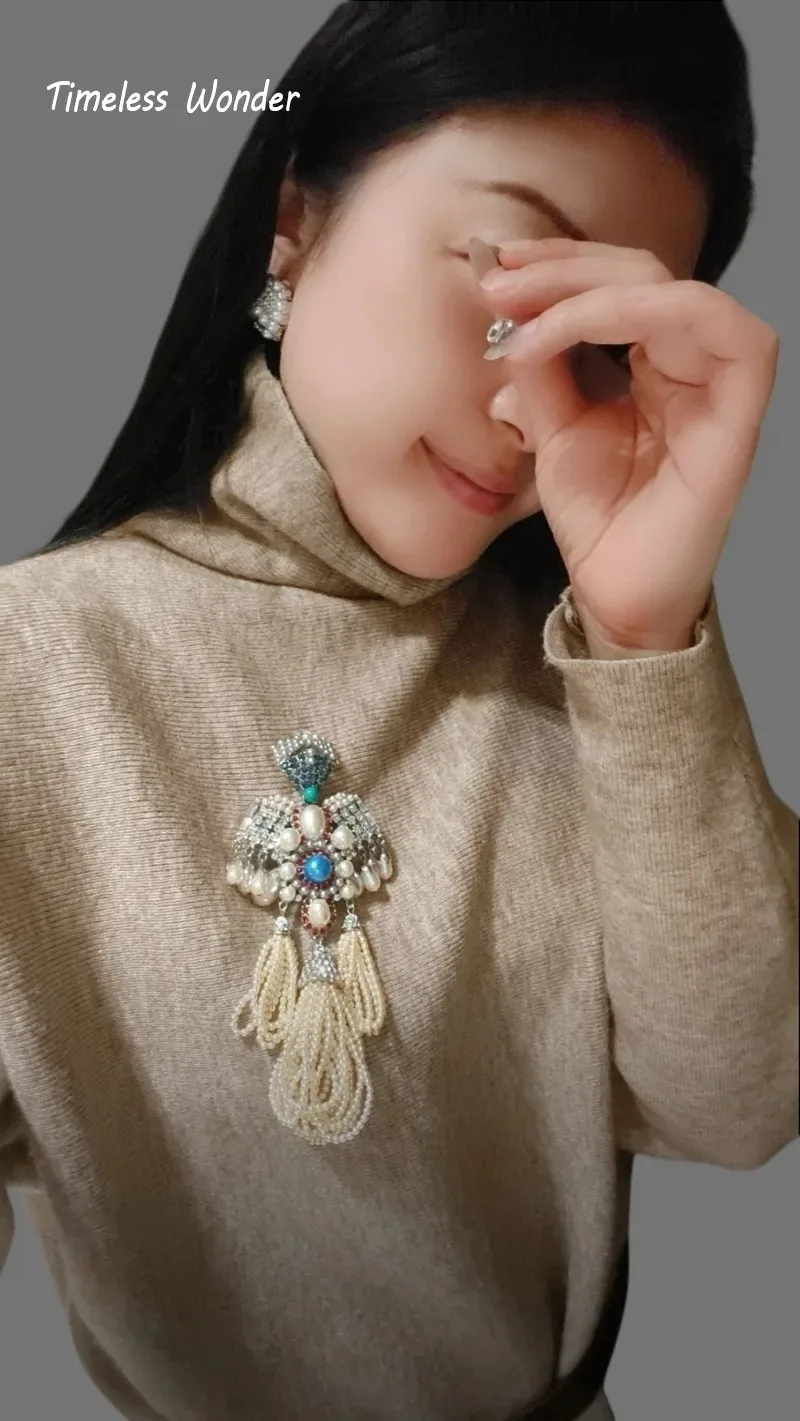 Timeless Wonder Fancy Zircon Figure Pearl Beaded Tassel Brooch Pins for Women Designer Jewelry Trendy Classy Rare Gift 6323