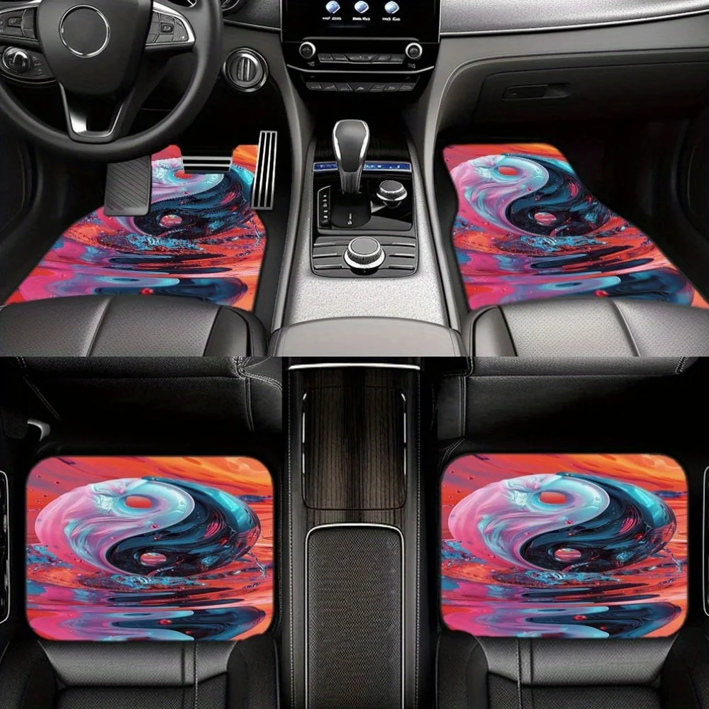 Psychedelic Yin Yang Pattern Car Floor Mats - Polyester Fiber, Non-Slip Dustproof Interior Car Accessories, Full Set Front & Rea