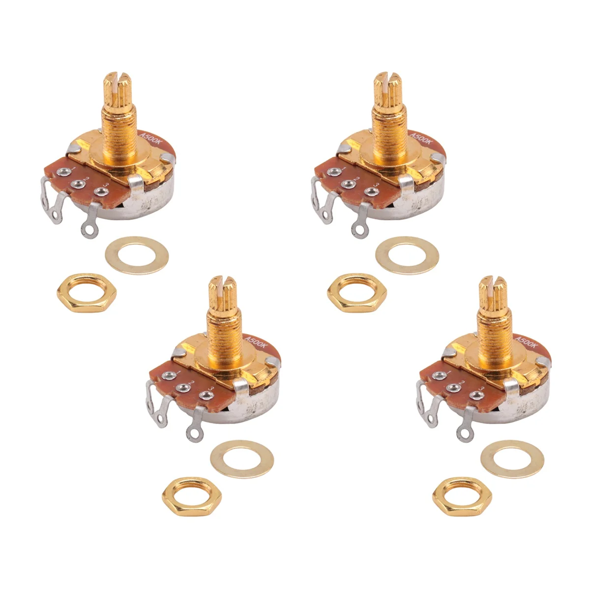 Potenciómetros de control de tamaño métrico completo de eje, potenciómetros cónicos de audio A500K para bajo de guitarra eléctrica (juego de 4)