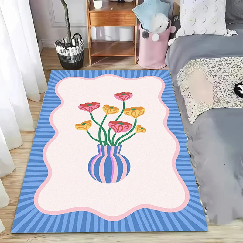 Retro Floral Vase Area Rug Blue Stripe Wavy Border Print Soft Floor Mat for Bedroom  Living Room Colorful Home Decor