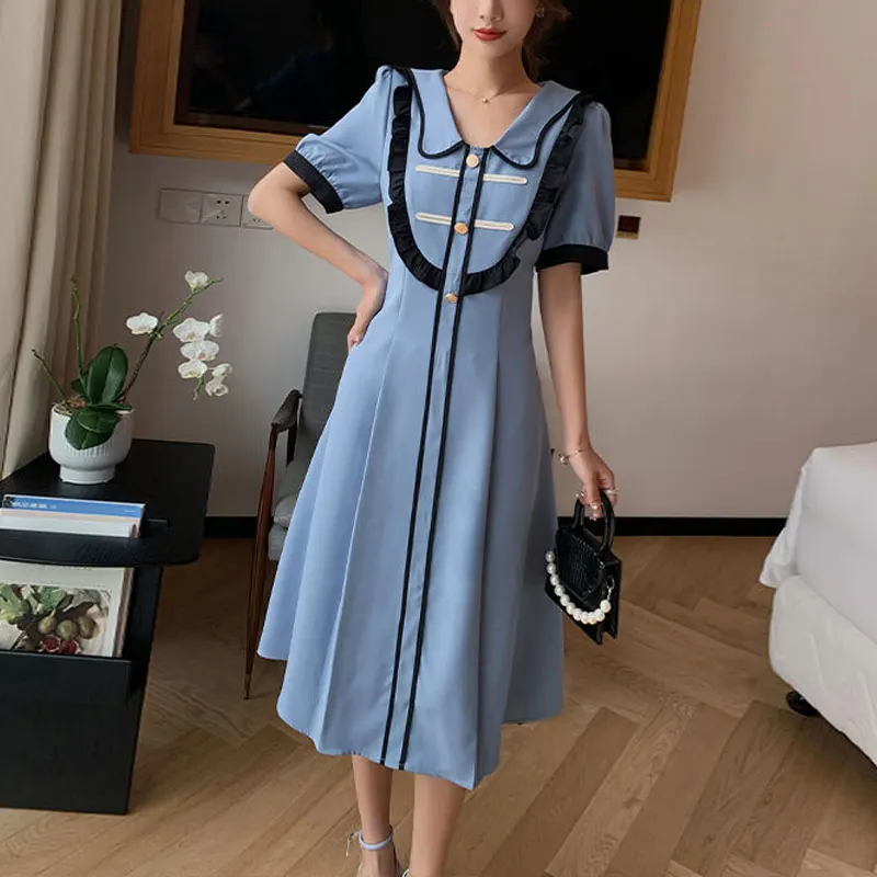 

Elegant V-Neck Short Sleeve Midi Dress Basic Female Clothing A-Line Waist Pleated Summer Commute Fashion Ruffles Spliced Dresses