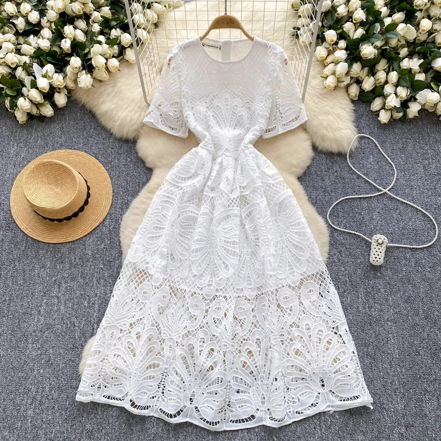 Quality Summer Embroidery White Lace Evening Wedding Dress Women Formal Occasions Short Sleeve Midi Vestidos Party Long Robe