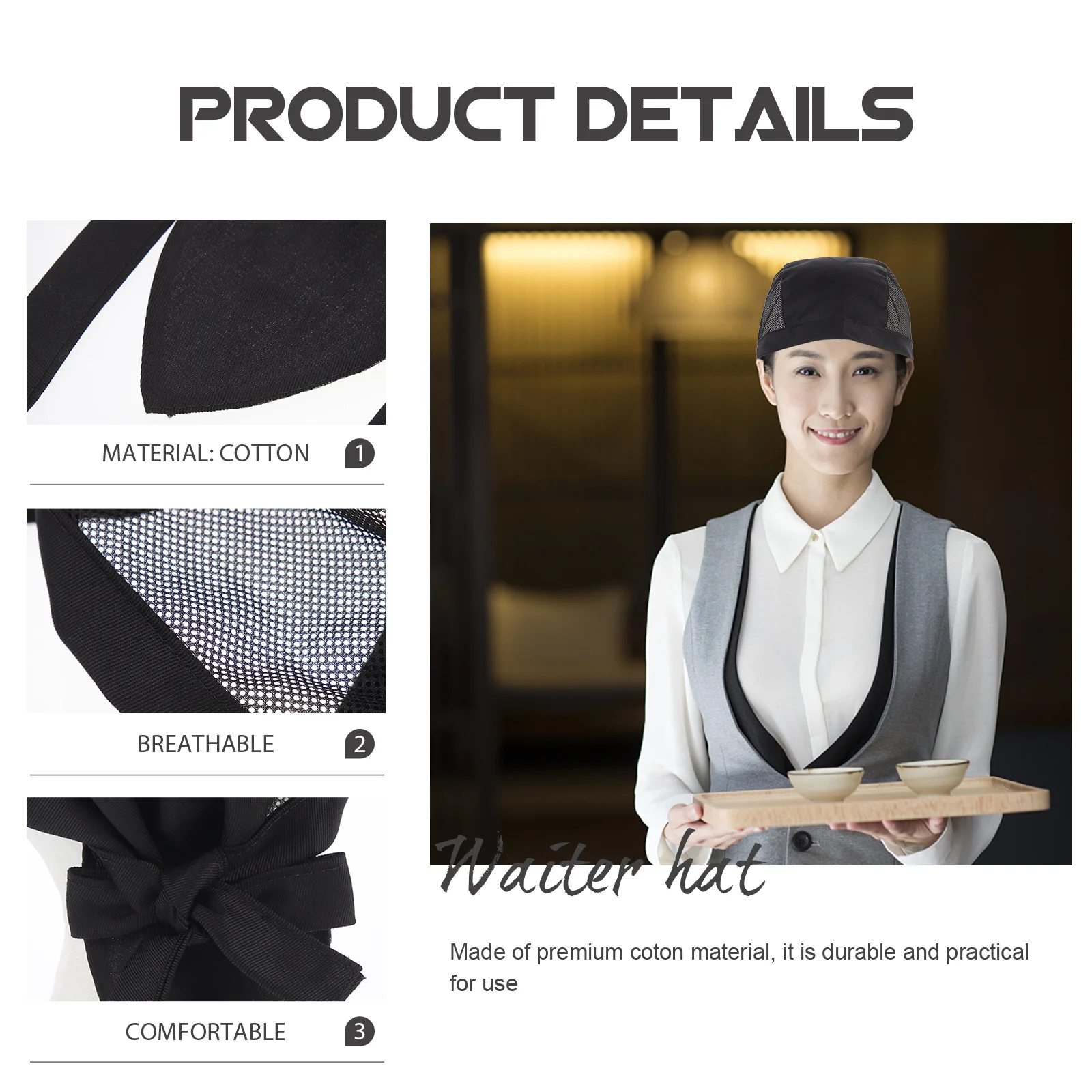 Chapeau de serveur classique, chapeau de travail de Chef, conception réglable, confortable, respirant, facile à nettoyer, réutilisable pour les restaurants et les pubs