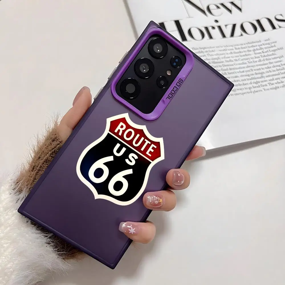 Funda de teléfono con logo de America Route 66 para Samsung Galaxy S25 Edge S24 S23 S22 S21 S20 Ultra Funda de silicona plateada