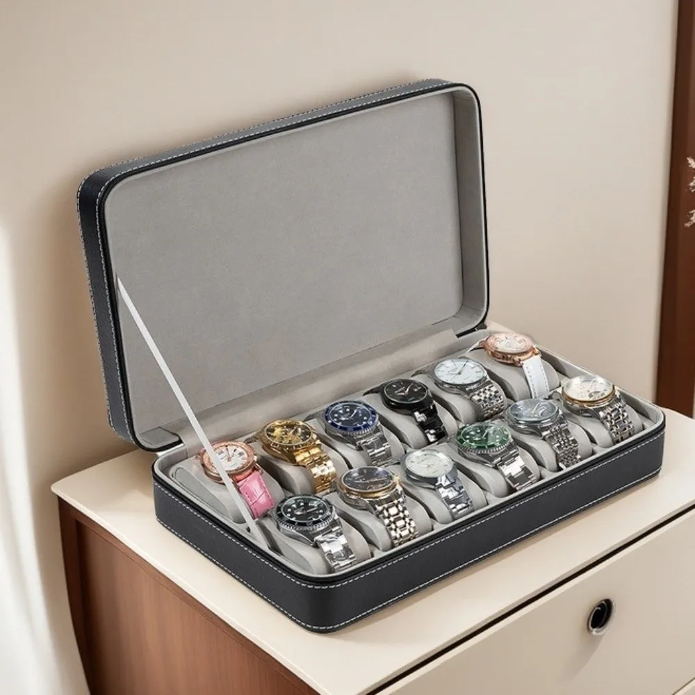 pu-時計収納ボックス-ジッパー取り外し可能な時計枕-時計ディスプレイボックス-植毛布-6-10-12-グリッド-時計オーガナイザー-メンズ