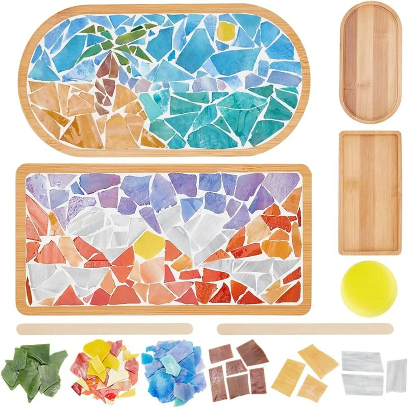 PWS DIY Mosaic Craft Kit Coconut Tree Mosaic Bamboo Coaster Set With Blank Base Tray Handmade Art Home Decor