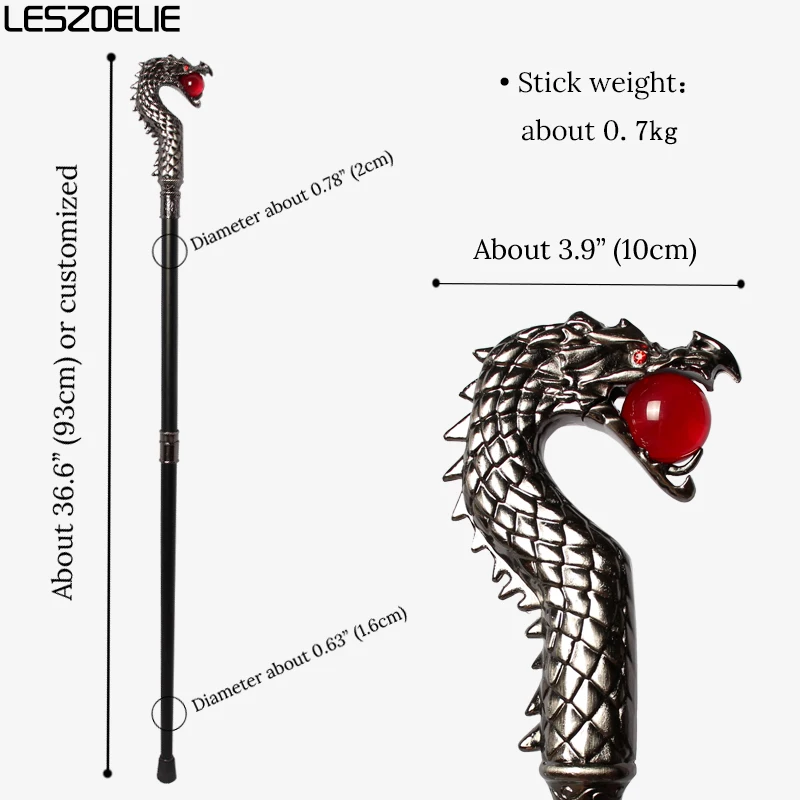 Luxury Silver Dragon-Head Walking Cane with Red Crystal Ball Fashionable Men And Women Decorative Party Stick Vintage Design