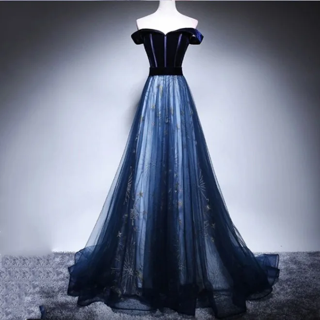 Autumn Evening Dress for Women Long Party Host Annual Meeting Dark Blue off-Shoulder Temperament Performance Trailing Canopy