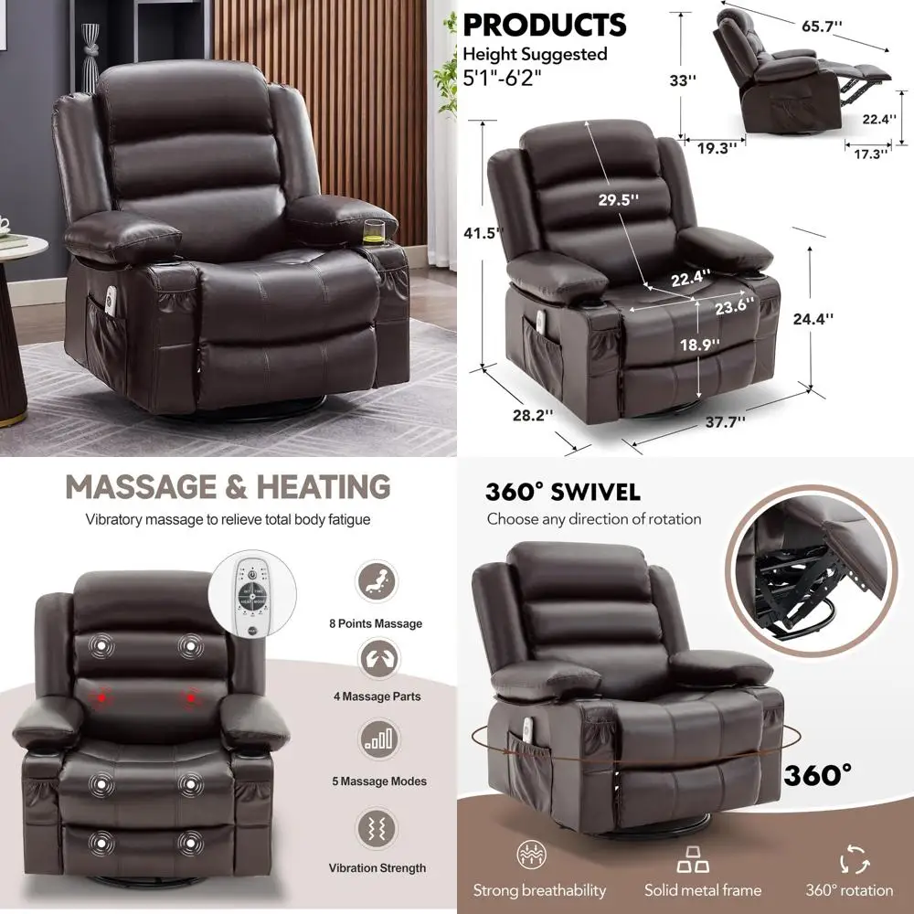 Sillón reclinable para adultos de gran tamaño con calor, masaje y 360 ° Característica giratoria