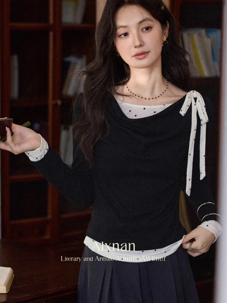 

ALXNAN Women's Black Long-Sleeve T-Shirt False Two Piece Design Bow Knot Decoration New Polka Dot Color Block Top Autumn L569125