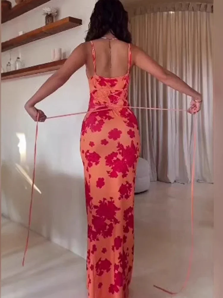 Verão novo impresso suspender em forma de u vestido maxi feminino cinta de espaguete bodycon rendas laranja senhoras casual hip saia longa