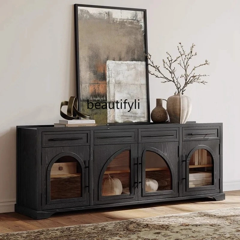

Retro TV cabinet solid wood black glass door living room, dining side, light luxury entrance cabinet