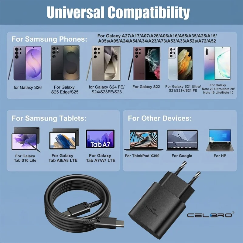 For Samsung Charger 25W Type C Fast Charge Charger 1M 1.5M 2M Cable for Galaxy S26 S25 S24 S23 S22 S21 Z Flip 8 A56 A36 A17 A35