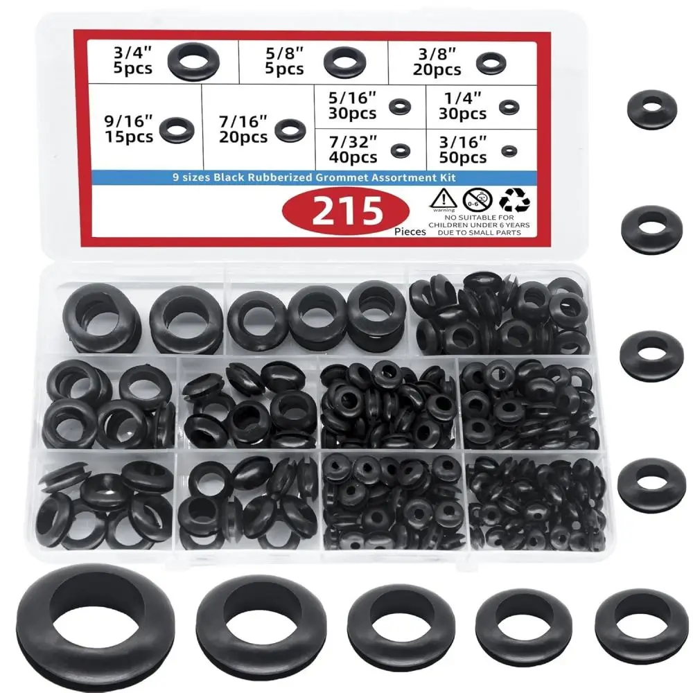 215 Rubber Grommet Assortment Kit Electrical Gasket O Ring Seal Wire Protection Hardware Cable Hole Plug Black Rubber