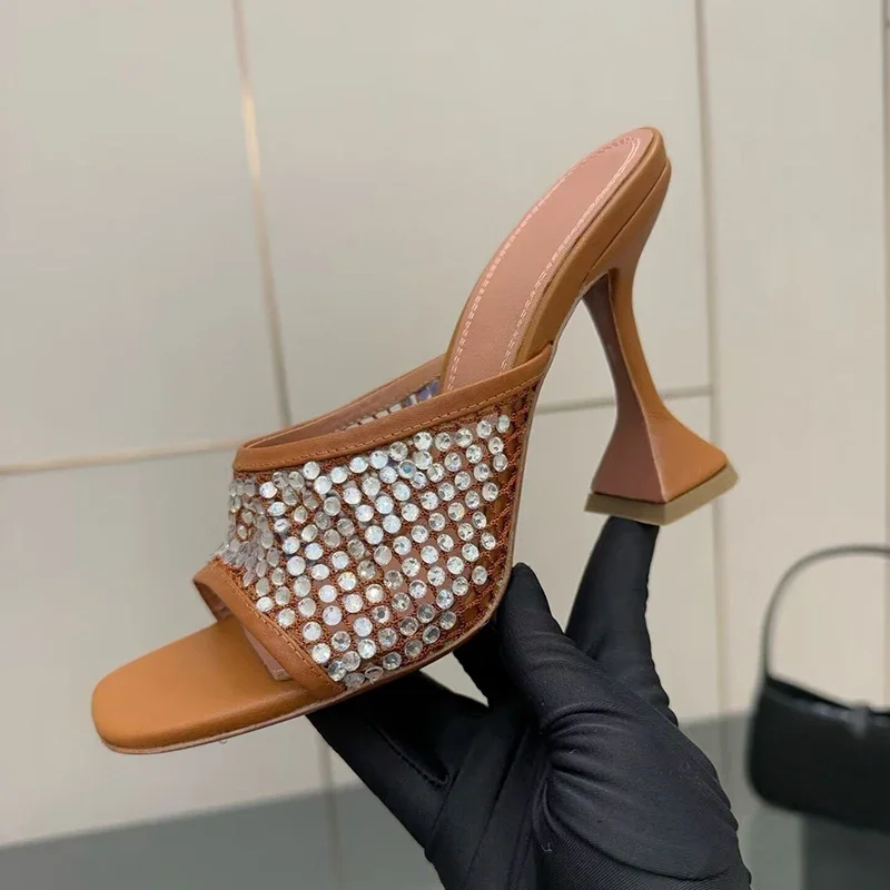 Slippers Summer Bling Bling Rhinestone Square Toe High Heel Women Mesh Hollow Out Roman Sandals Banquet Dress Shoes Lazy Shoes