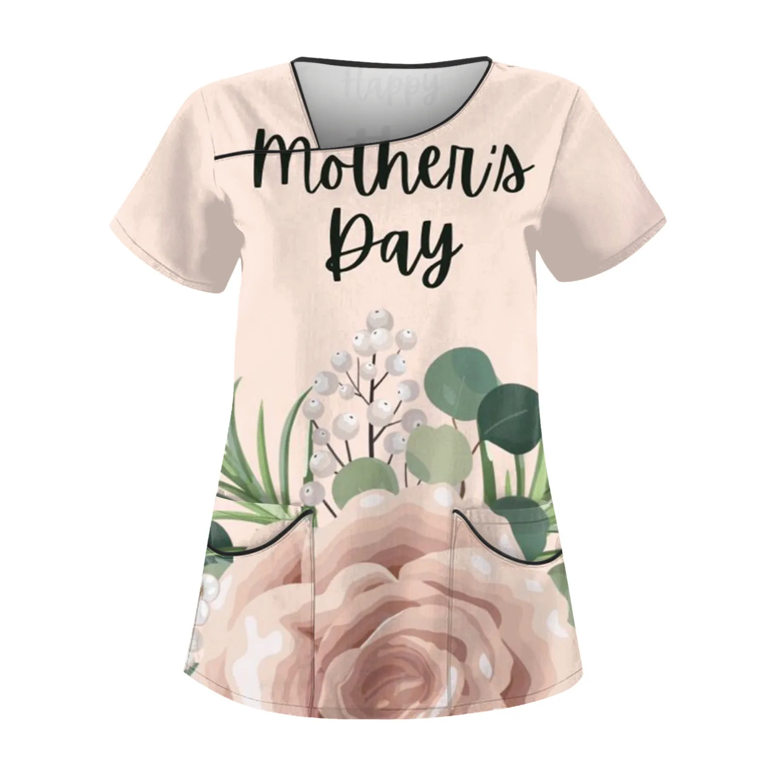 ملابس عمل واقية من جيوب مزدوجة للنساء ، توبات عناية بطباعة جرافيكية ، مقاس كبير ، كلاسيكي ، عيد الأم