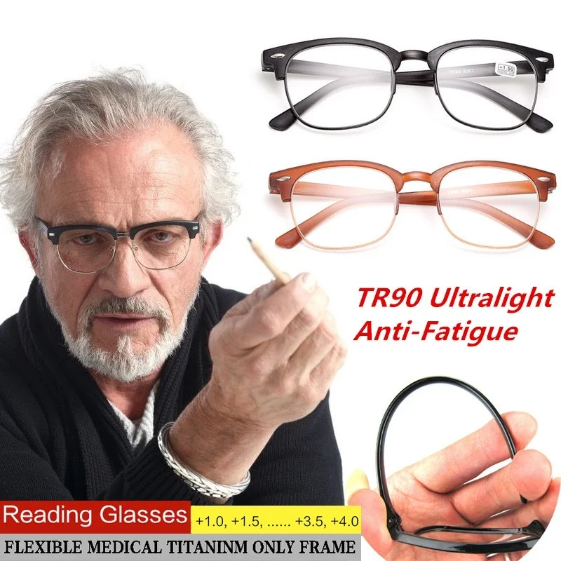 

TR90 Reading Glasses Ultra Light Anti Fatigue Reading Glasses Frame Portable Glasses for men Retro Degrees + 1.0 To+ 4.0