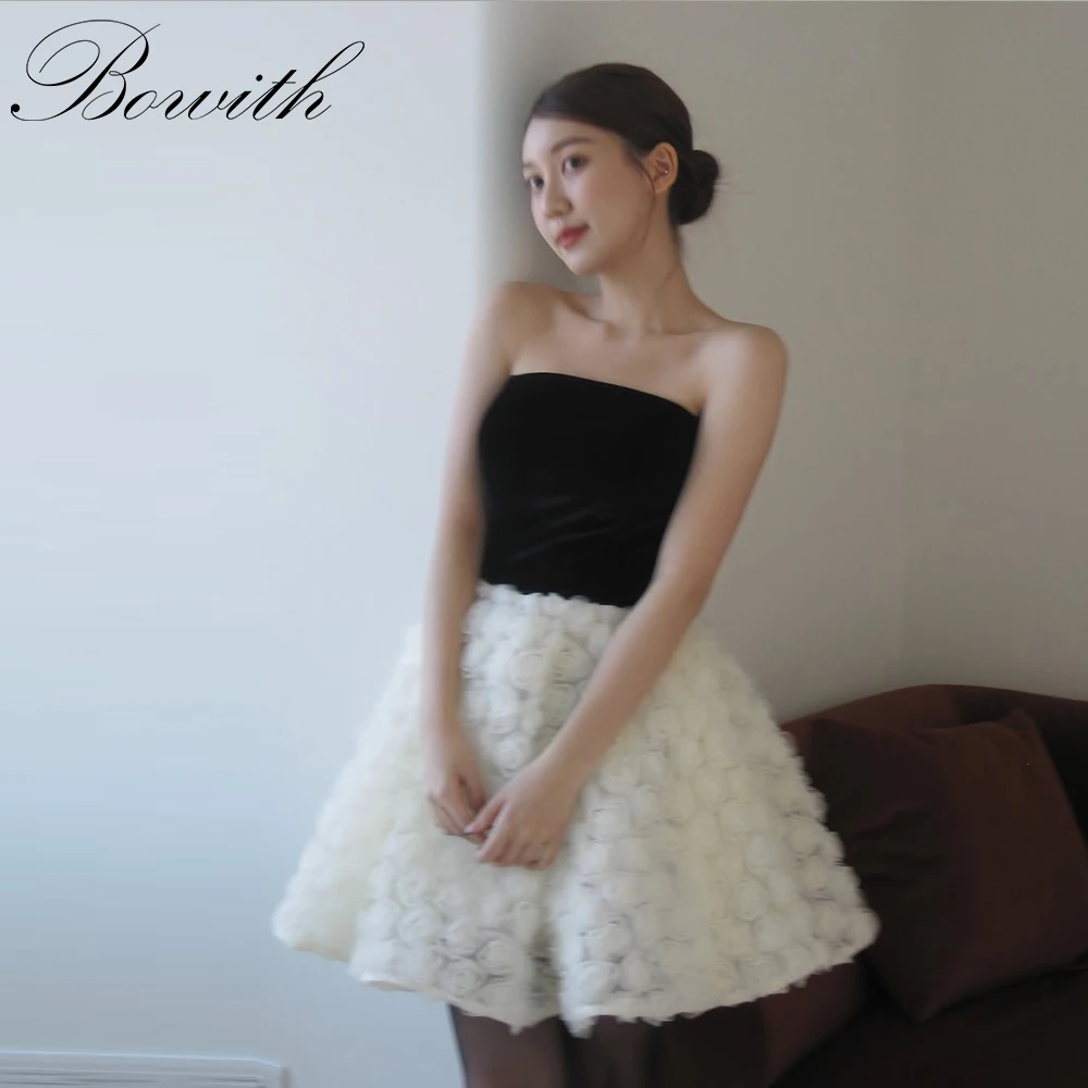 

Bowith Korean Mini Wedding Dresses Strapless Floral Tulle Contrast Color Evening Dresses Wedding Party Dresses Customized