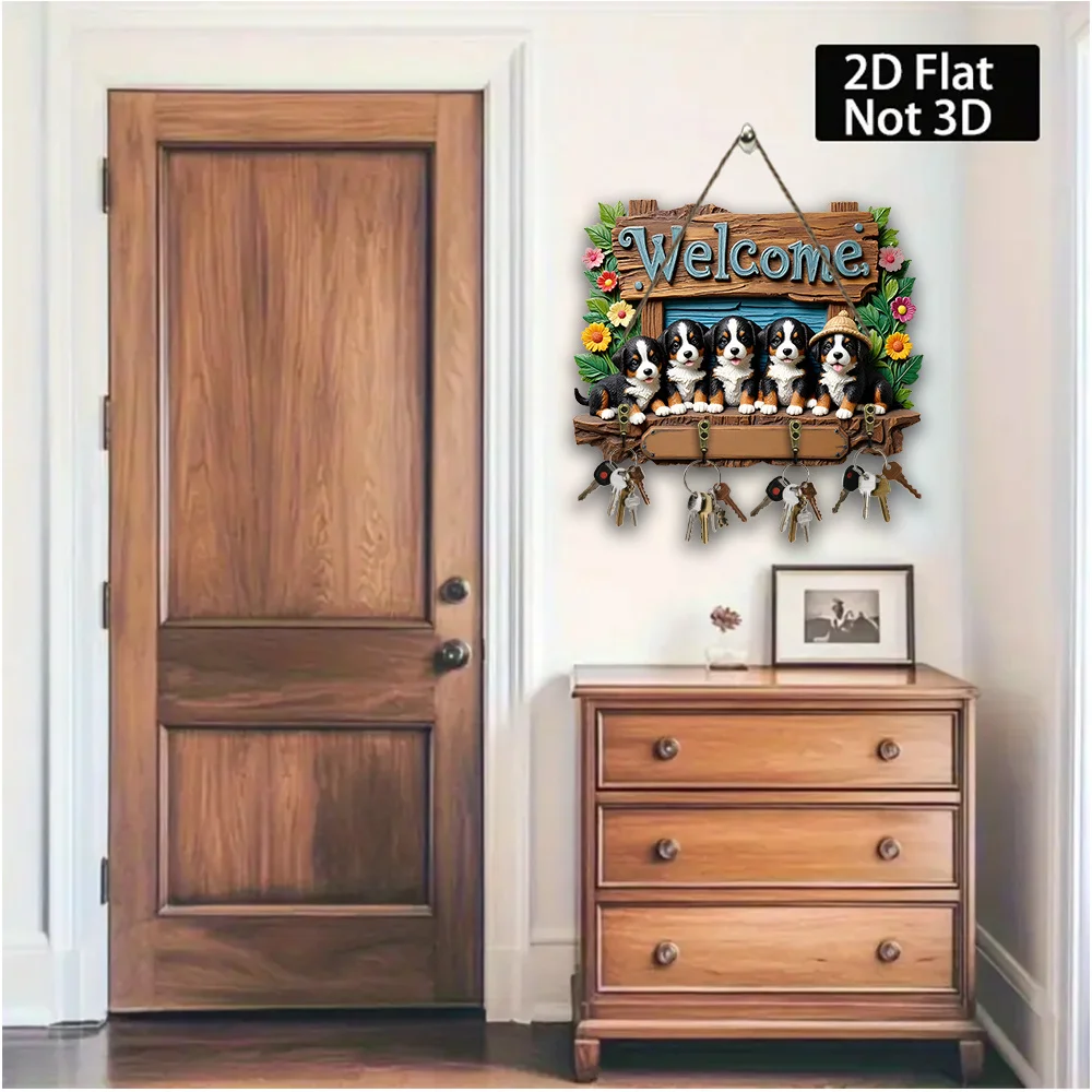 Rustic Bernese Mountain Dog Puppy Welcome Sign & Key Hanger - Wood Wall-Mounted Shelf/Desk Decor with Wood - Adorable BMD