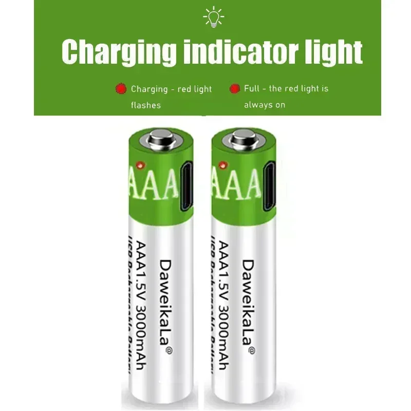 2024 USB AAA Rechargeable Batteries 1.5V 3000MAh Li-ion Battery for Remote Control MouseElectric Toy Battery + Type-C Cable