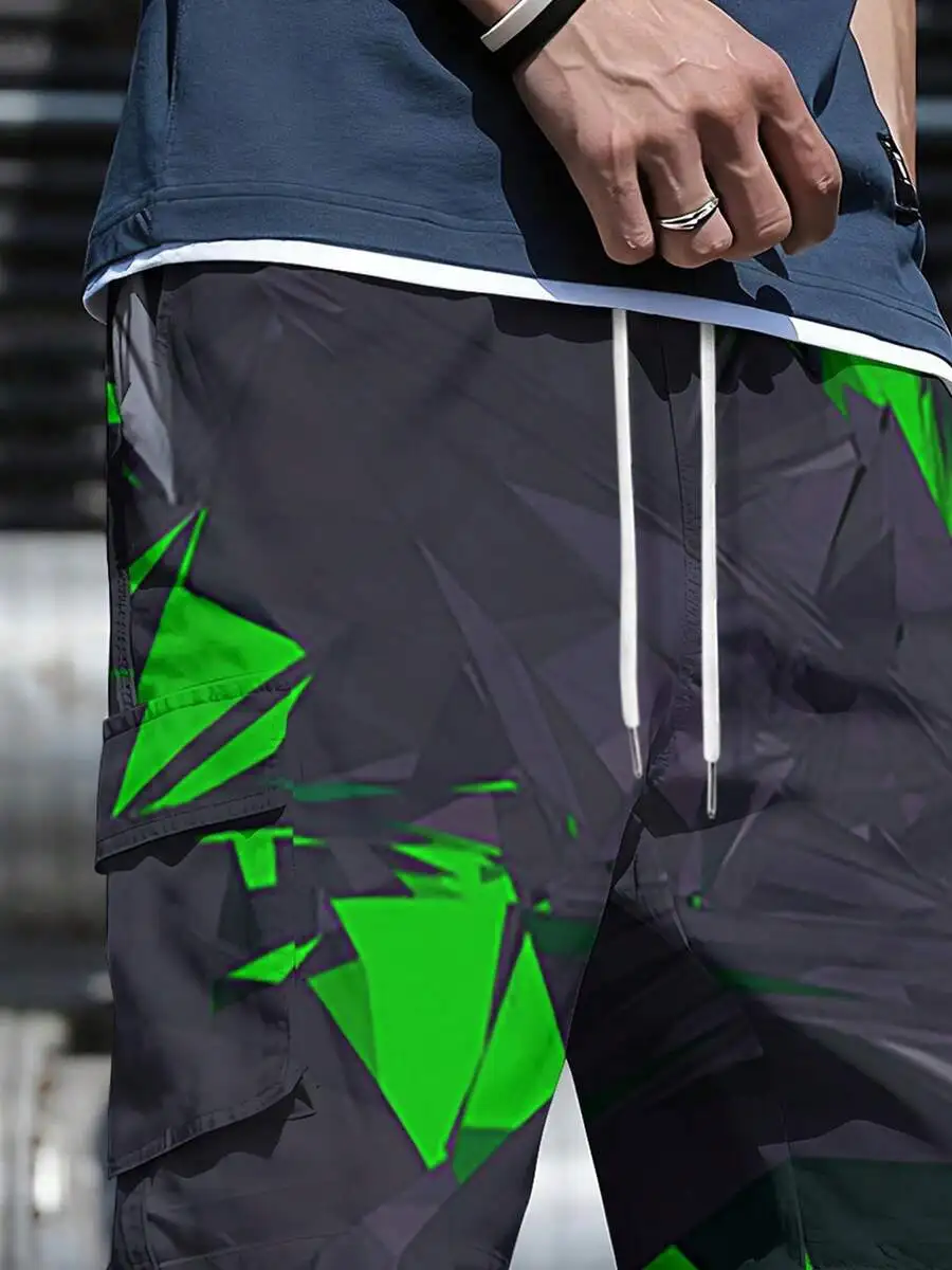 

Mens Black Green Geometric Patchwork Workwear Shorts With Pocket And Drawstring