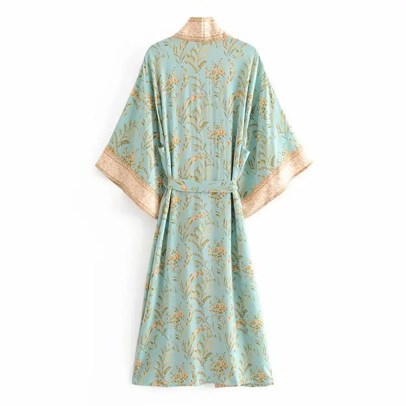 Fashion Women Floral Print Bat Sleeve Rayon Beach Bohemian Kimono Ladies V Neck Boho Robe Bikini Cover-ups Cardigan Kimono Femme