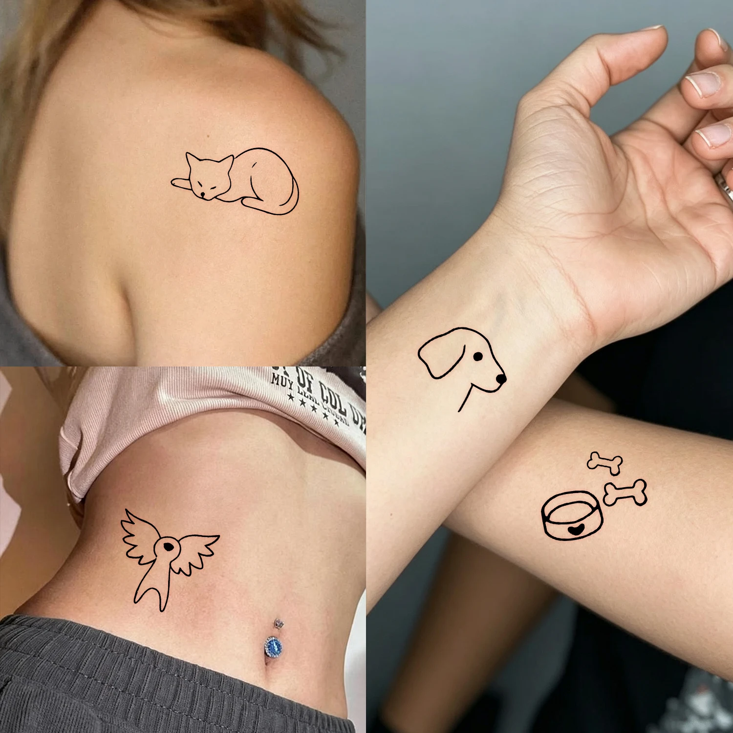 10pcs Cute Cat Dog Tattoo Stickers Black Line Pet Paw Heart Kitten Print Waterproof Fake Tattoos Body Makeup Decoration Tattoo