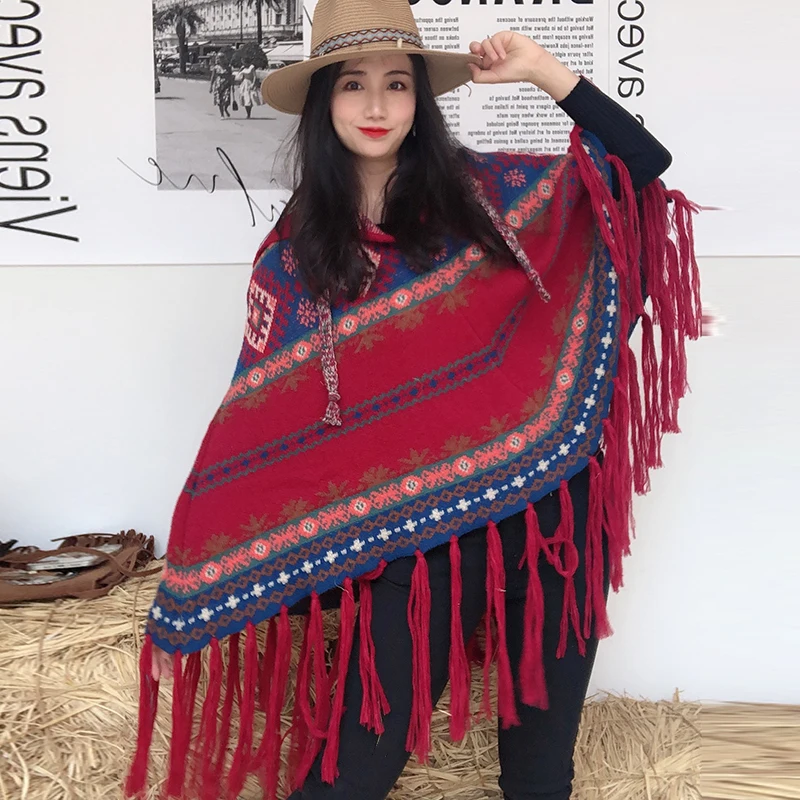 

Winter Red Poncho With Hood Sweater Women Warm Covers Geometrical Pattern Jacquard Capes Boho Chic Red Coats Artsy Cloak