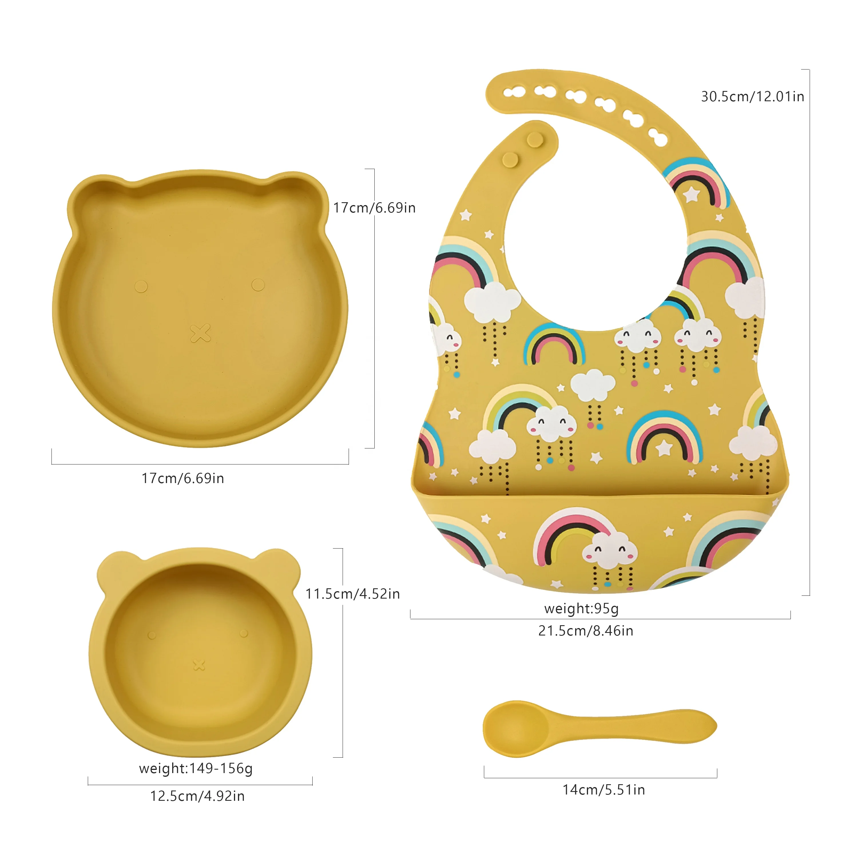 

Silicone Baby Feeding Set Bowl With Spoon And Fork Colorful Bib Waterproof Babero Bear Plate Non-silp Suction Bowl