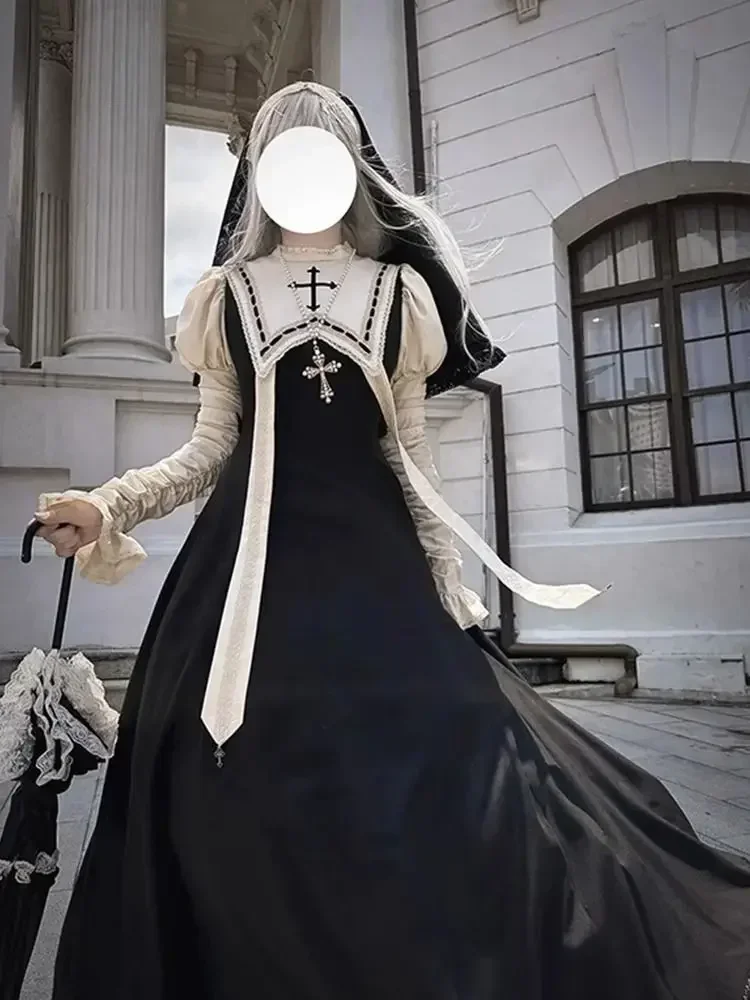 

Black Long Evening Dress for Women Dark Gothic Nun Lolita Dress Bubble Sleeve Gorgeous and Elegant Halloween Cosplay Costume