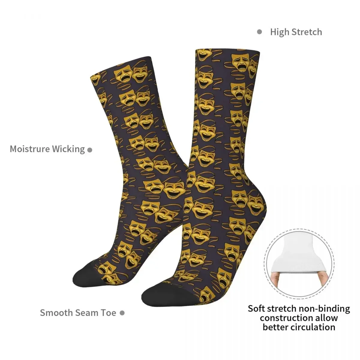 Gold Comedy And Tragedy Theater Masks Socks Harajuku Super Soft Stockings All Season Long Socks Accessories for Man's Woman's view 2
