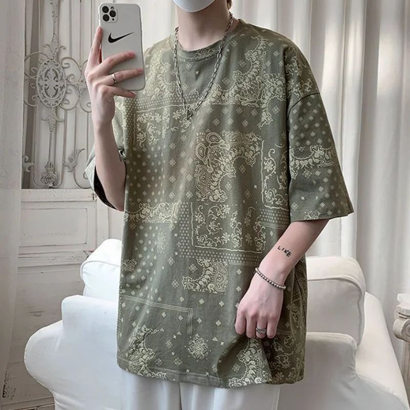 2023 Summer Loose Oversized Men\'s Clothing Trend Handsome Korean Version Fashion Printed Short Sleeve Round Neck Casual T-shirt