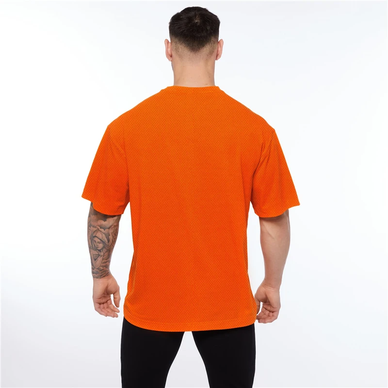 Oversized T shirt Men Drop Shoulder Gym Clothing Bodybuilding Fitness Loose Hip-Hop T-shirt Quick Dry Mesh Sports Tshirt