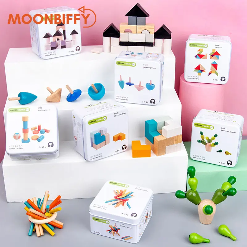 

Montessori Kids Early Educational Toy Metal Box Wooden Building Blocks Travel Parent-child Interaction Toy Children Puzzles Toy