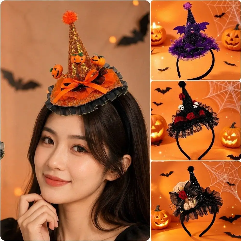 Lace Halloween Witch Hat Hair Hoop Bow Cartoon Halloween Party Hair Band Party Decor Hat Flower Halloween Headband