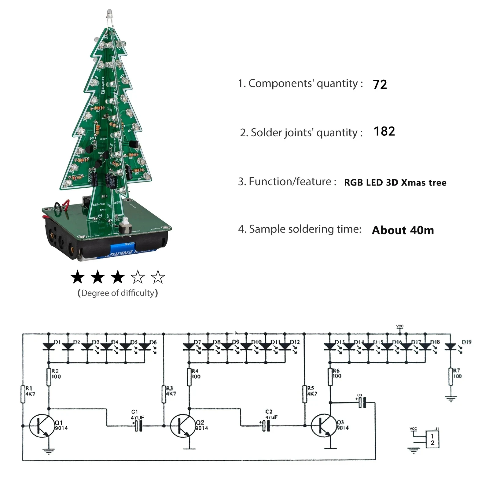 DIY ชุดอิเล็กทรอนิกส์ 3D ต้นคริสต์มาสบัดกรีฝึกอิเล็กทรอนิกส์วิทยาศาสตร์ชุดประกอบ 7 สีกระพริบ LED PCB