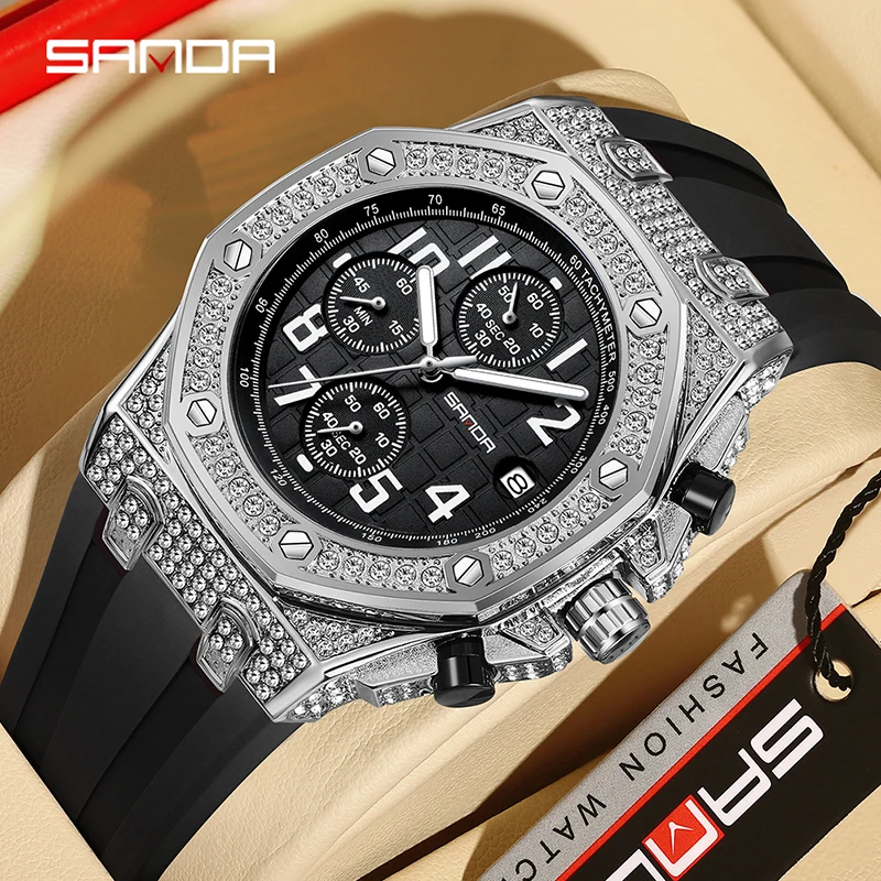 SANDA 7026 Men\'s Quartz Watch Fashion Leisure Diamond Luminous men Wristwatch Display Silicone Strap Wrist Watches for Male Gift