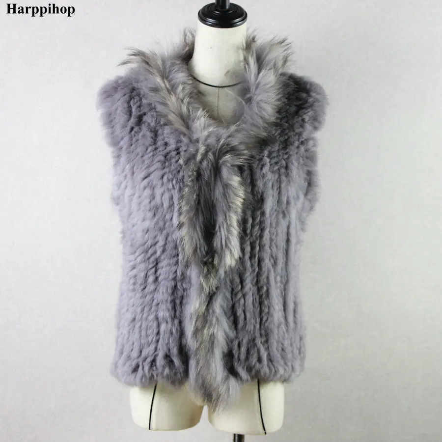 2023 new Women Genuine Natural Real rabbit fur Knitted Vests /Waistcoat/ gilet /coats with Raccoon Fur collar vest 20 colors