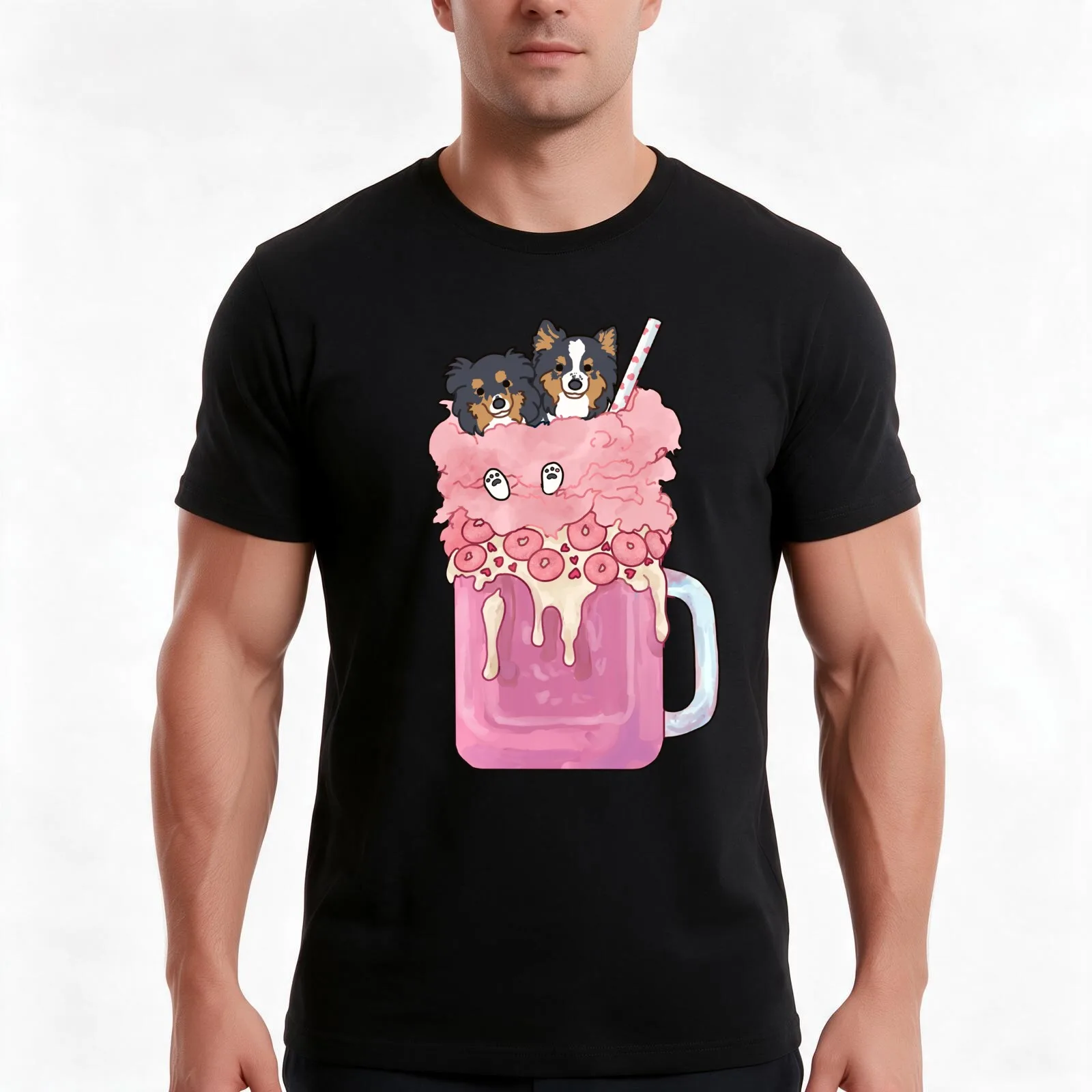 Shetland sheepdogs in Cotton candy pastel pink milkshake T-Shirt, Summer Casual Cotton Tee, Oversized Streetwear Tops