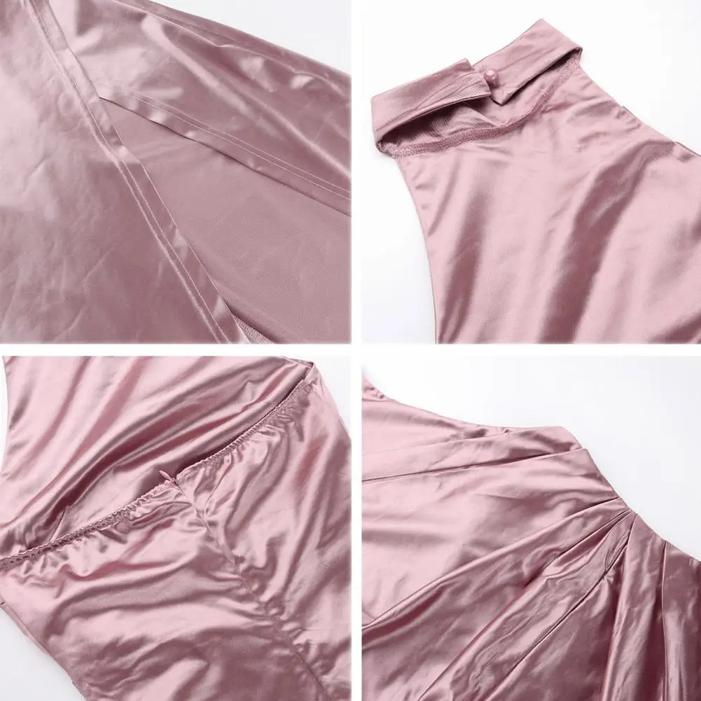 الصلبة اللون مطوي عالية الشق الطابق طول فستان ستان المرأة فستان الحفلات أنيقة الرسن الرقبة قبالة الكتف بلا أكمام الكرة ثوب