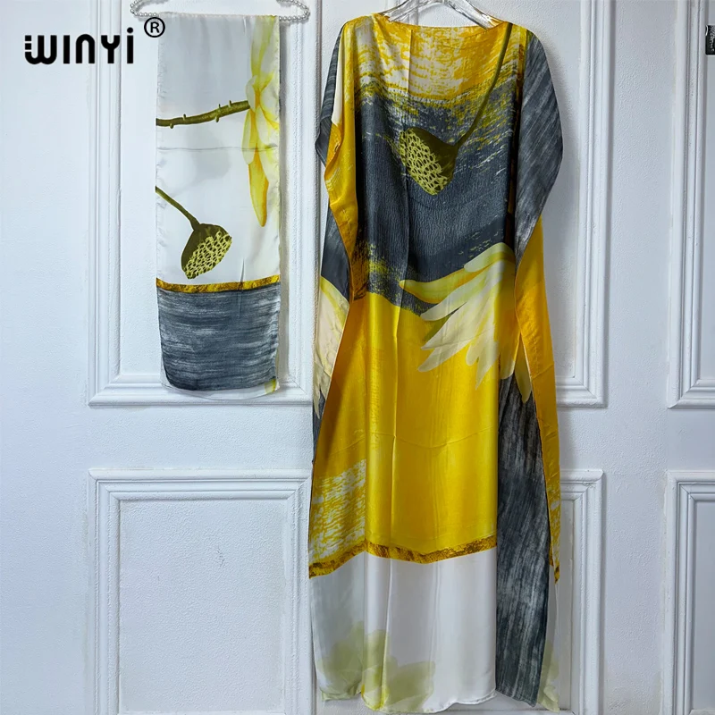 WINYI gaun panjang Maxi elegan wanita, gaun Kaftan motif leher kru abaya Afrika dubai